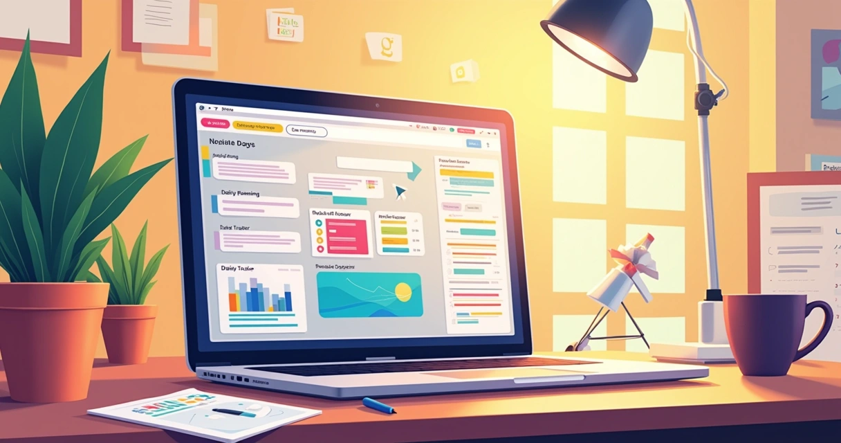 Espaço de trabalho organizado com um laptop mostrando a interface do Notion e elementos de produtividade.