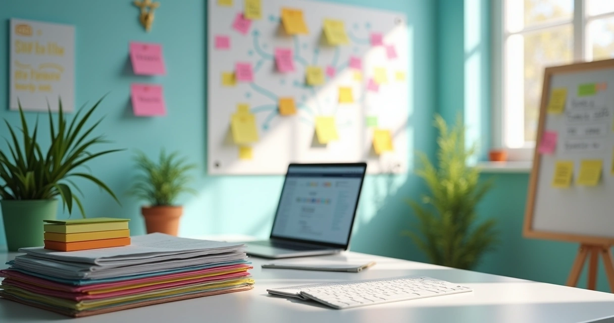 Espaço de trabalho organizado com documentos, computador e diagrama de relacionamentos em um ambiente iluminado.