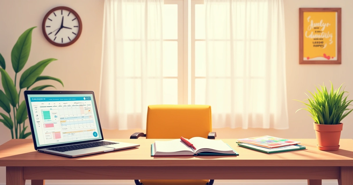 Espaço de trabalho organizado com calendário digital, planejador físico, lâmpada e planta.  