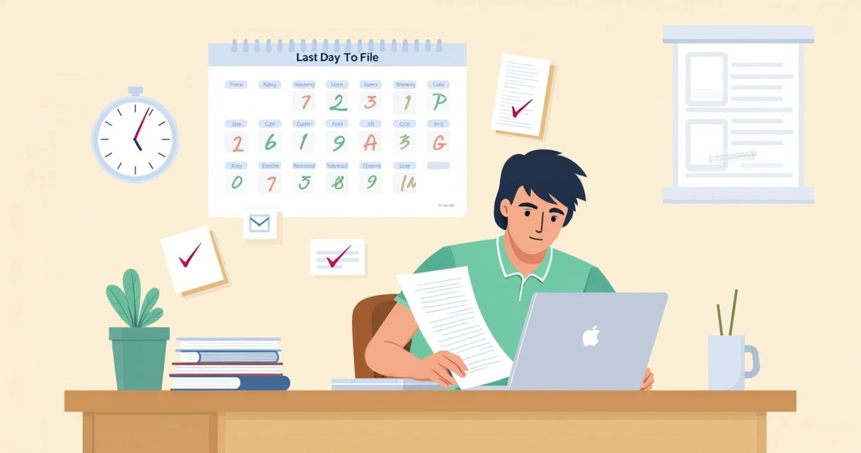 Espaço de trabalho organizado com calendário, documentos e uma pessoa revisando formulário de imposto.