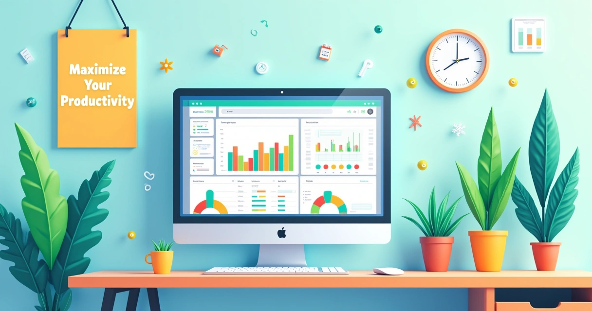 Espaço de trabalho moderno com um app de produtividade na tela do computador e plantas, colorido e motivacional.