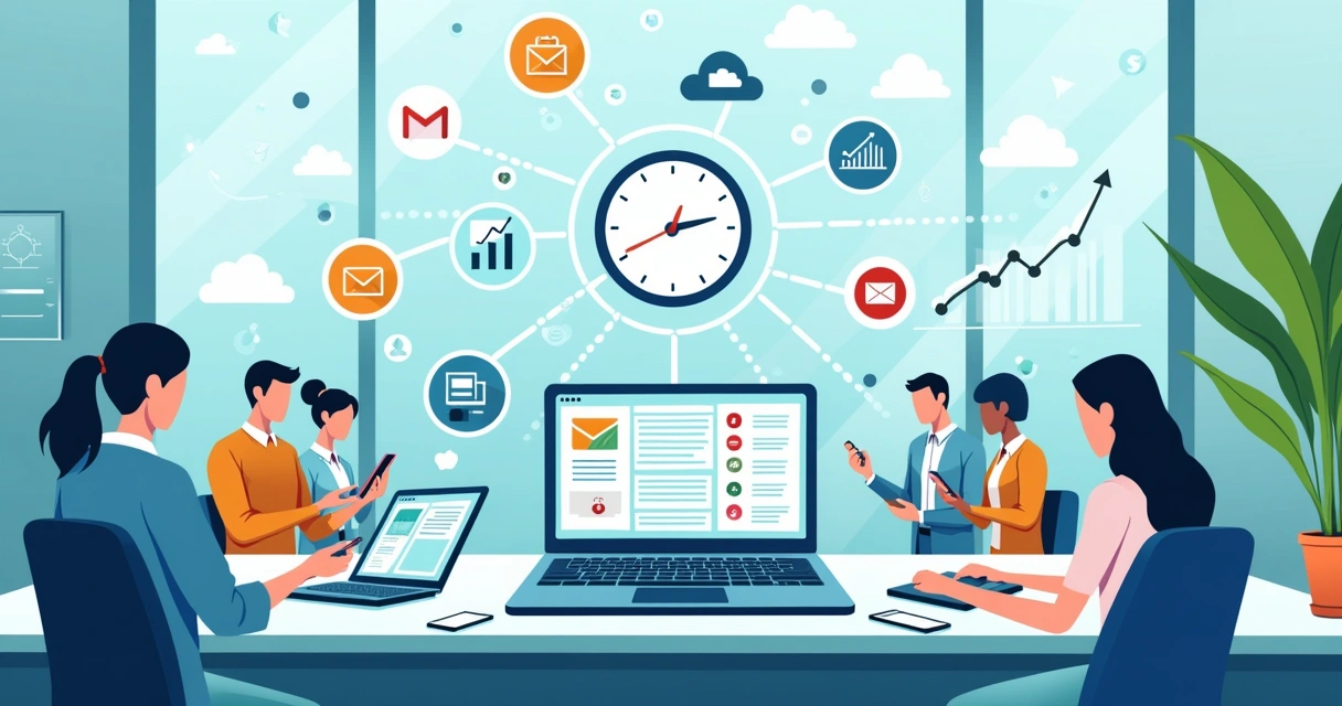 Ilustração de um espaço de trabalho digital moderno, mostrando o conceito de Software as a Service (SaaS).