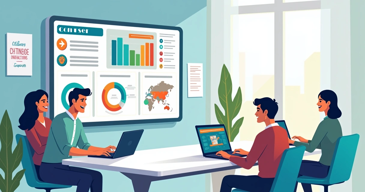 Espaço de trabalho moderno com colaboradores aprendendo online em laptops, com infográficos na parede.