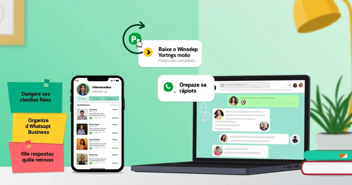 Espaço de trabalho organizado para vendas pelo WhatsApp, com celular, etiquetas e dicas visíveis.