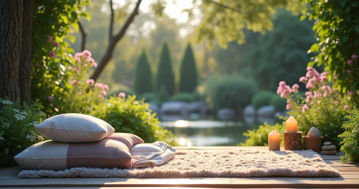 Espaço tranquilo para meditação em um jardim com almofadas, altar e luz natural.