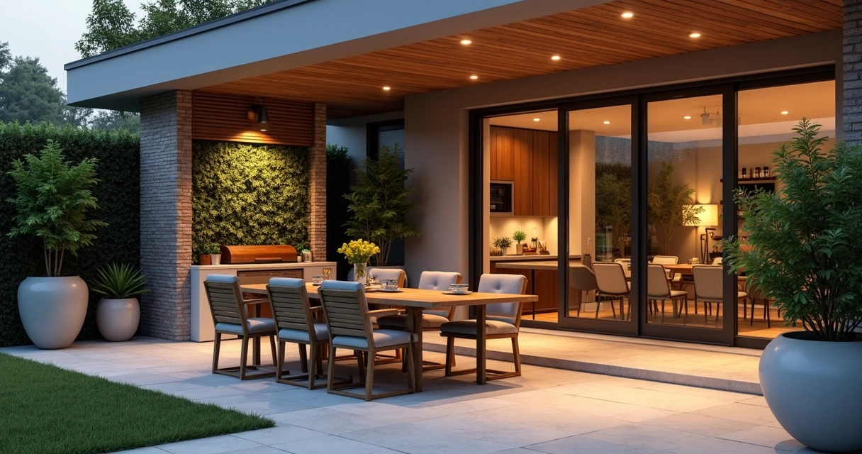 Varanda residencial moderna com jardim vertical e churrasqueira