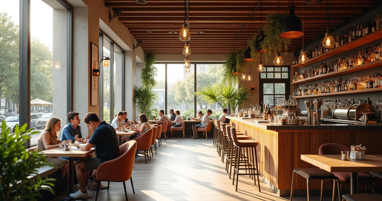 Ambiente versátil de cafeteria sendo usado como bar à noite 