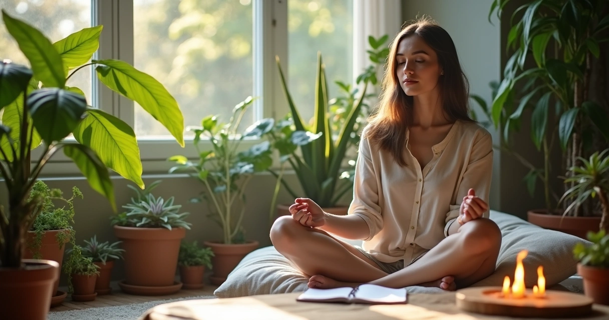 Mulher sentada em almofada, rodeada por plantas, em ambiente calmo e iluminado 