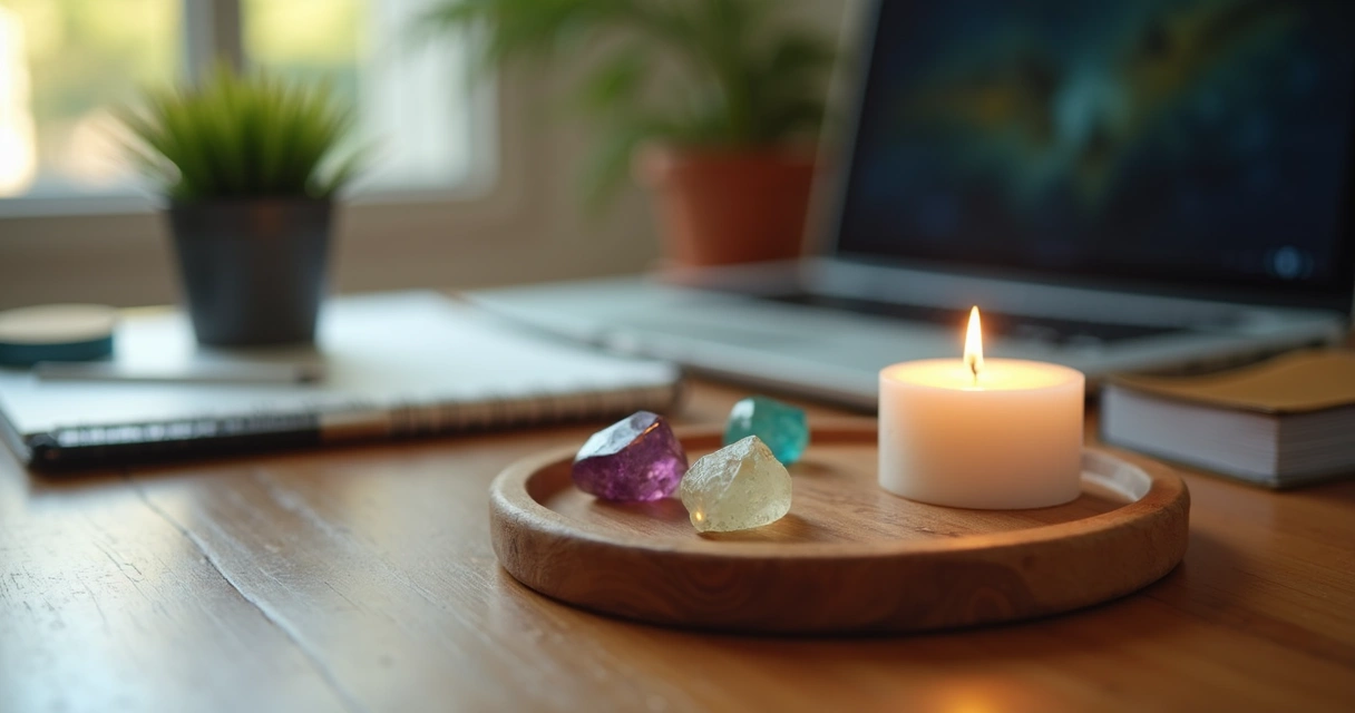Pequeno espaço zen com cristais e vela em escritório