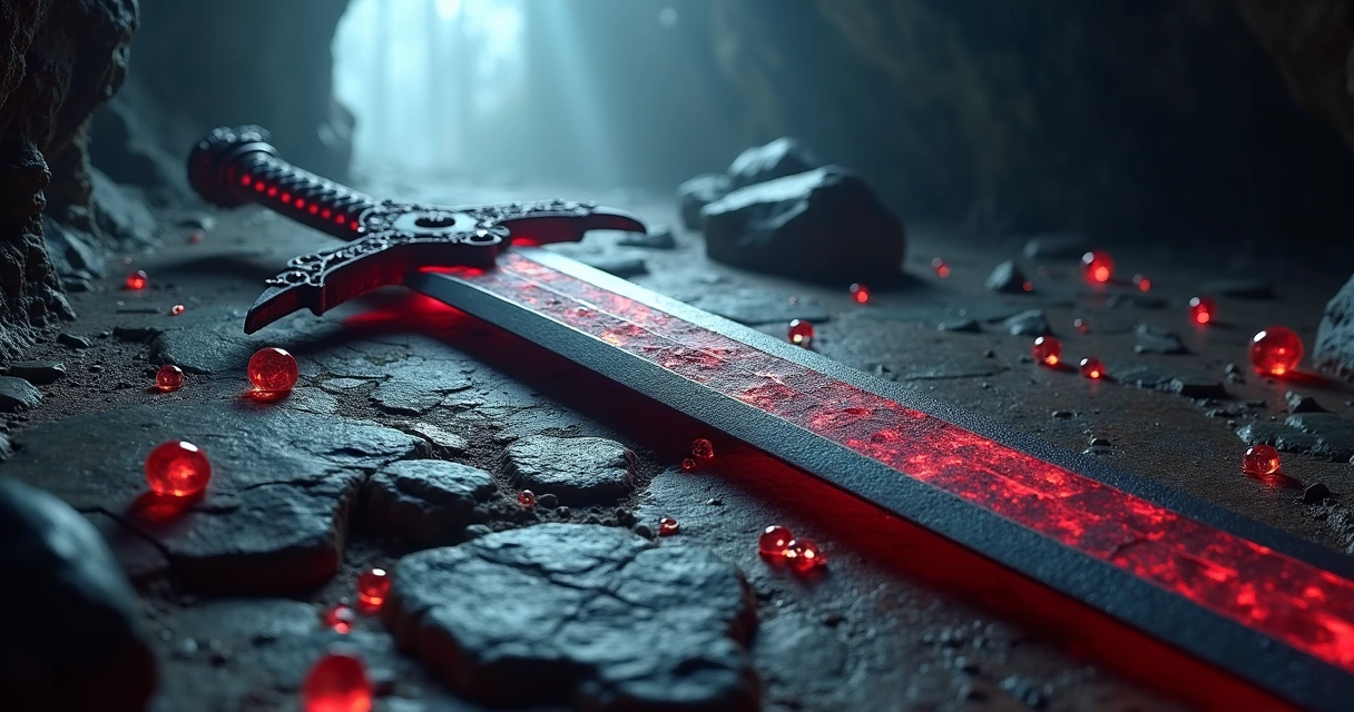 Espada Grand Sanguine Blade reluzente no chão de uma caverna 