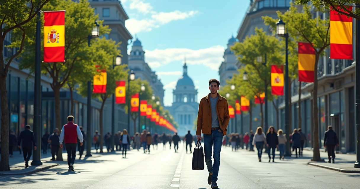 Vista panorâmica de Madrid com pessoas caminhando pela rua e prédios modernos ao fundo durante o dia 