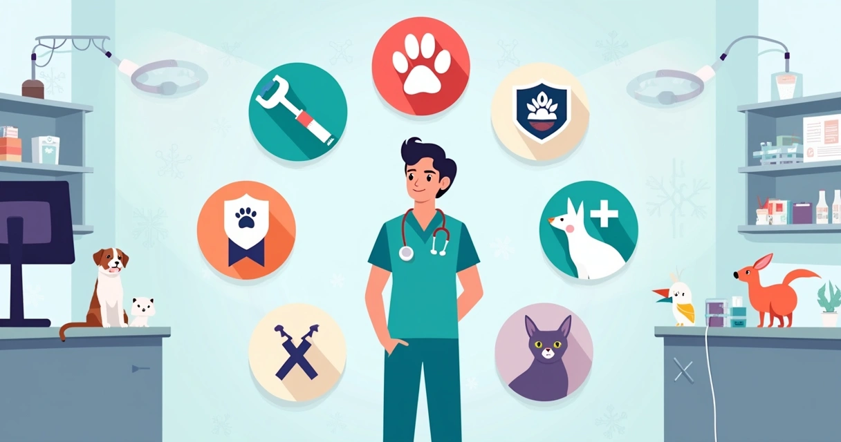 Veterinário cercado por ícones de diferentes especialidades em uma clínica moderna 