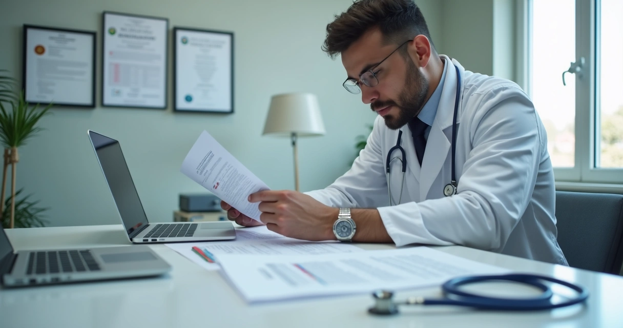 Especialista analisando documentos médicos em ambiente de consultoria. 