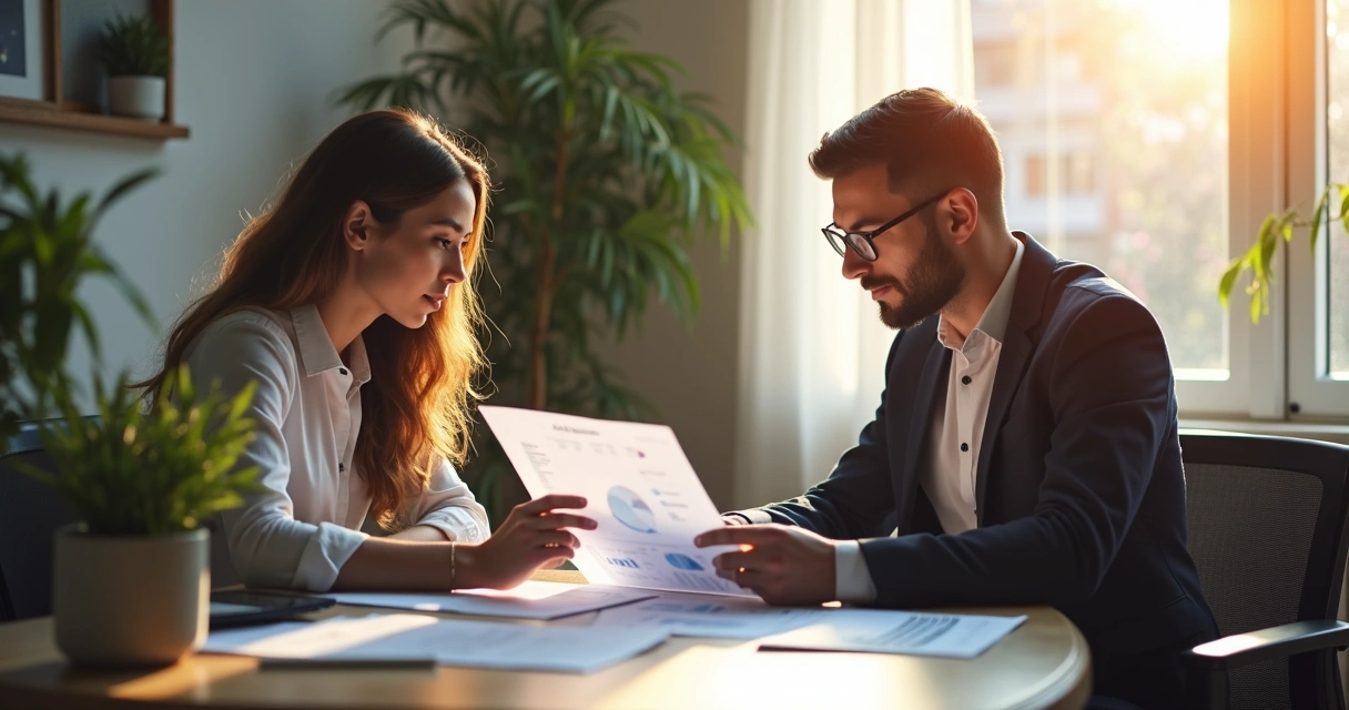 Especialista financeiro analisando relatórios ao lado de empresário 