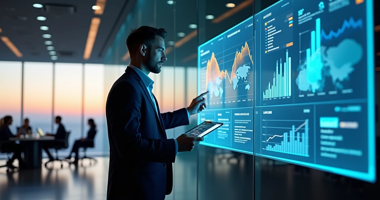 Profissional especialista em B2B analisando painel de dados e funil de vendas em telão digital 