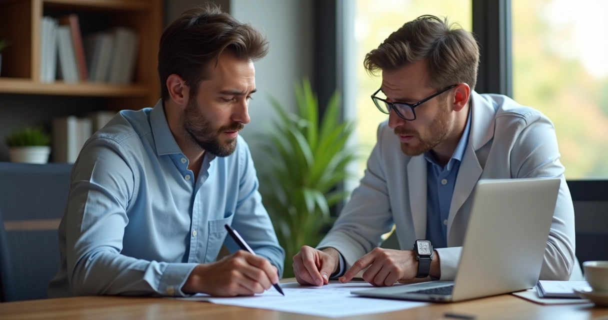 Especialista de saúde orientando cliente sentado à mesa 