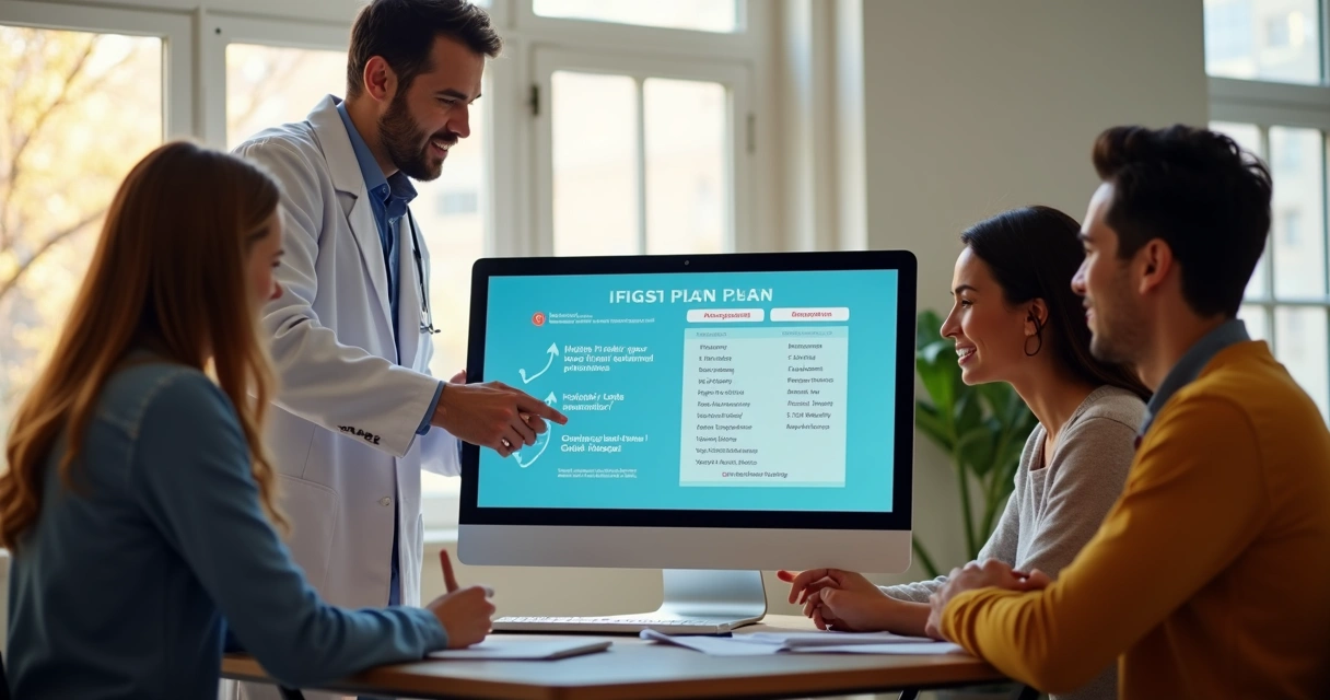 Especialista apresenta opções de planos hospitalares em tela a uma família 