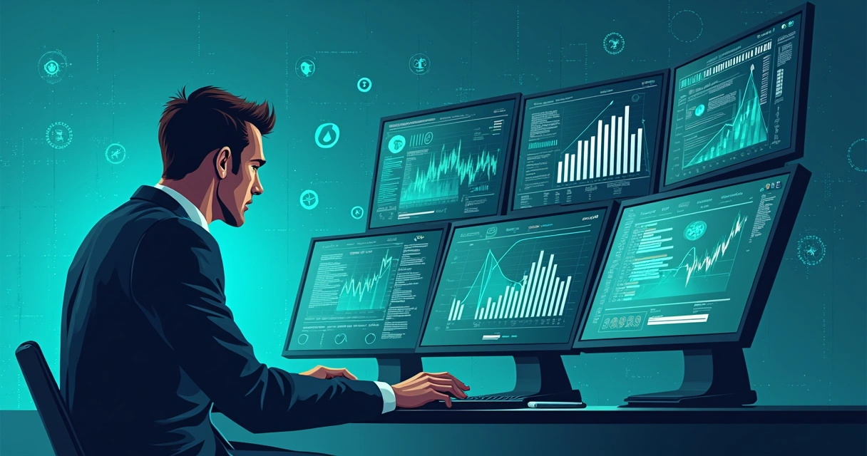 Especialista em criptomoedas sentado à frente de gráficos digitais e códigos de programação