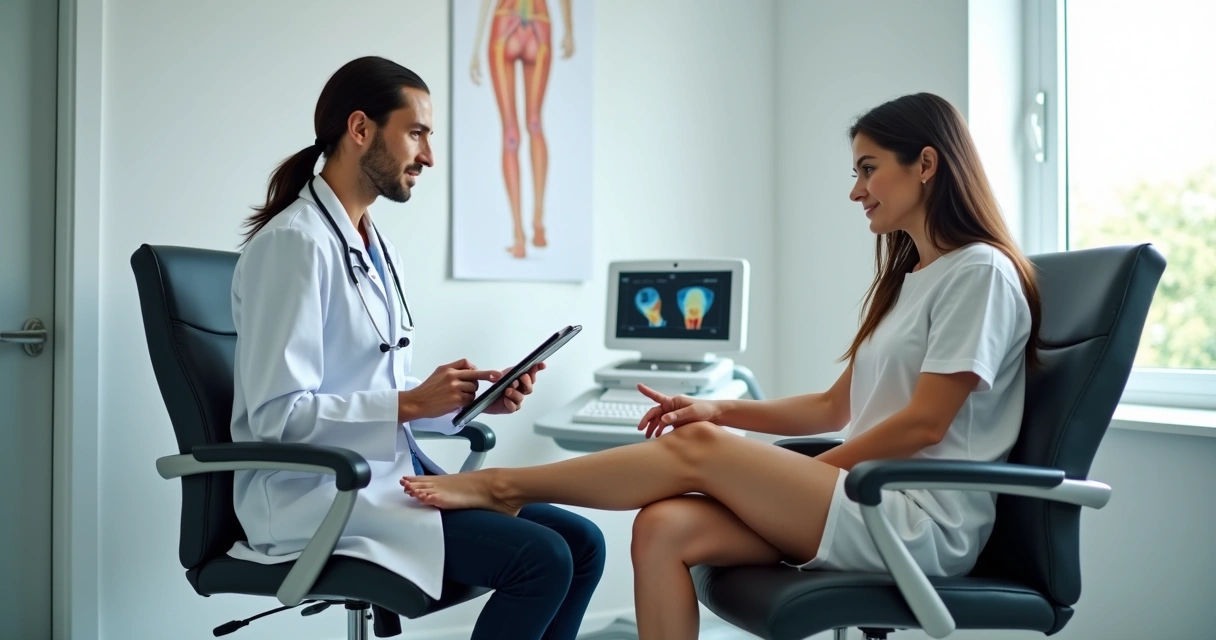 Médico vascular avaliando dor nas pernas de paciente em consultório em Anápolis 