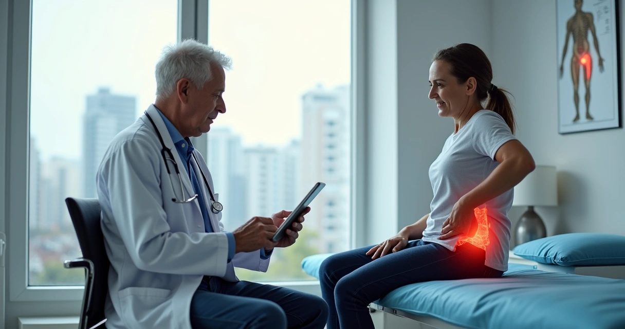 Médico conversa com paciente sobre tratamento da dor em consultório moderno 