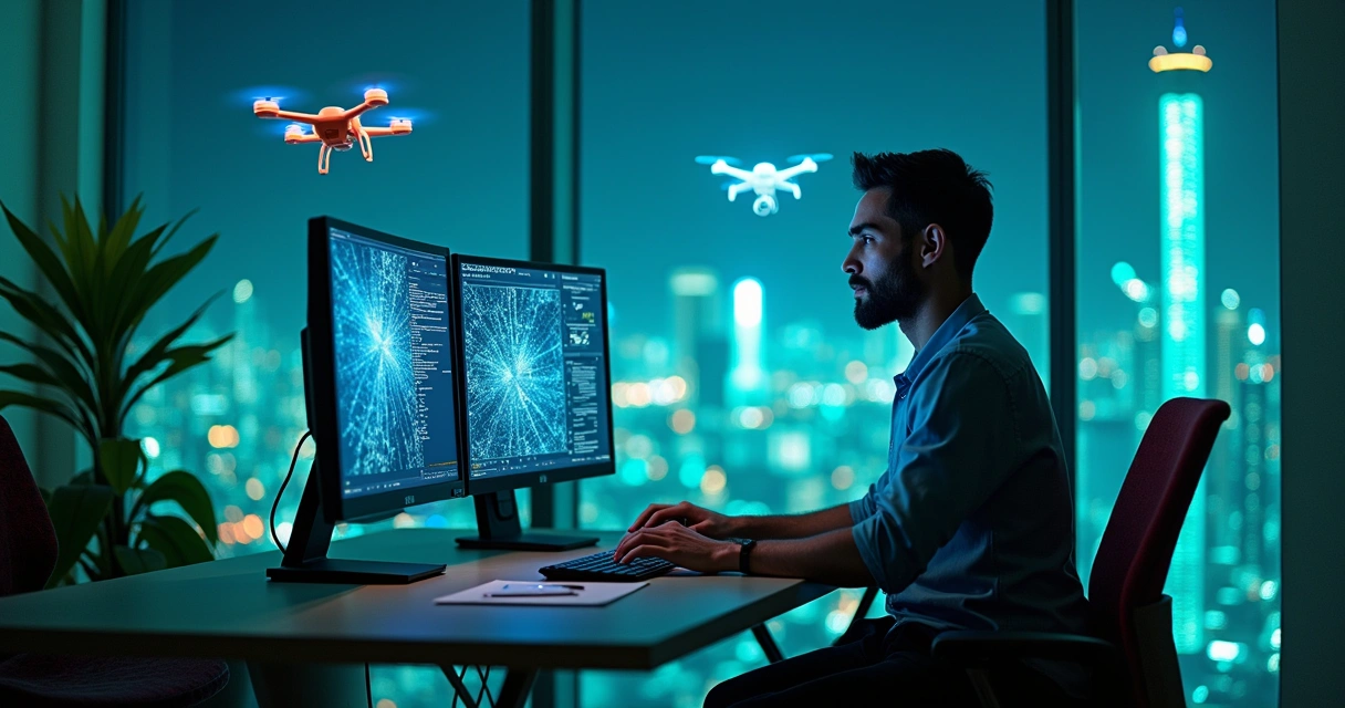 Cena futurística com um especialista em IA analisando gráficos em escritório moderno, com vista para cidade inovadora.