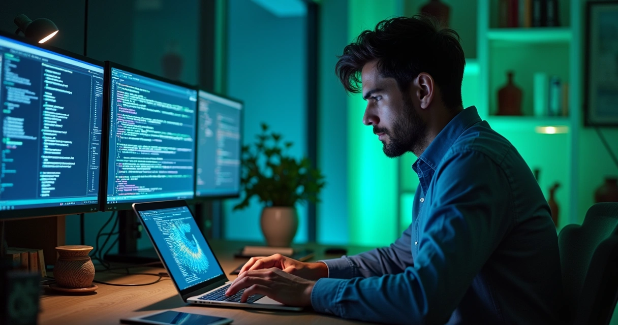 Especialista em Machine Learning em um escritório moderno, cercado por monitores, luzes azuis e verdes e gráficos holográficos.