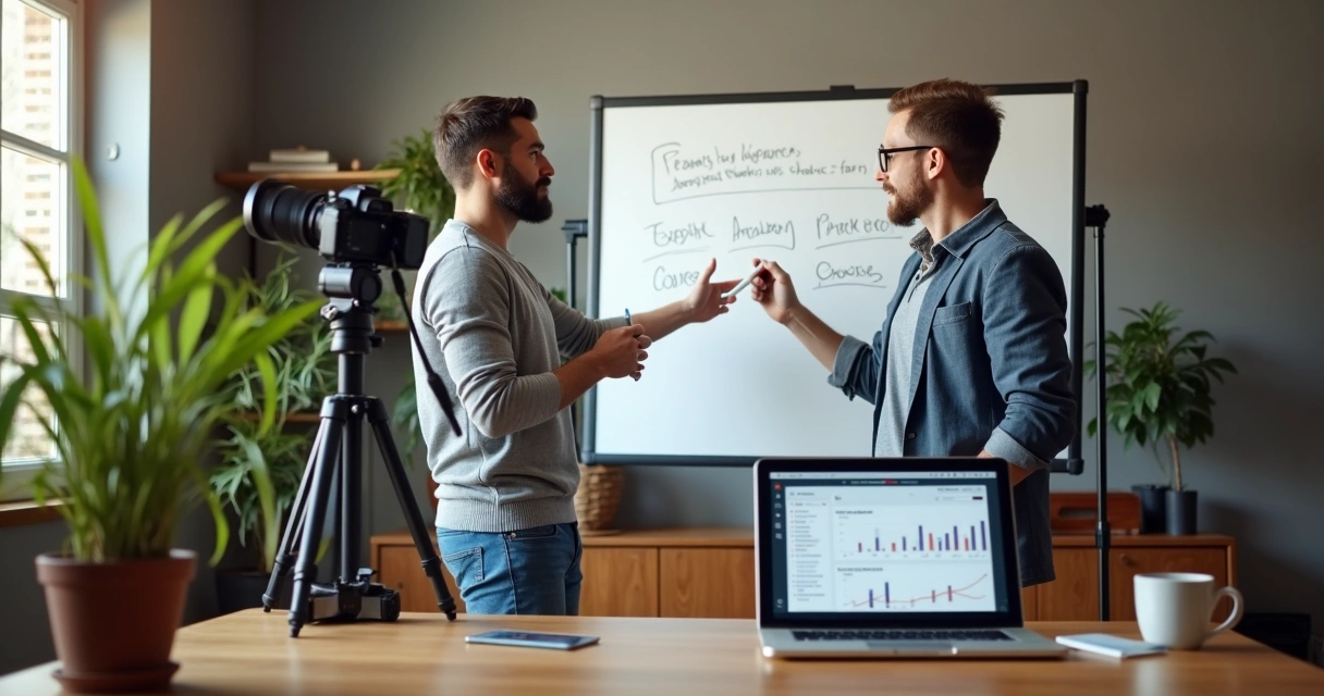 Especialista gravando curso online em estúdio caseiro com quadro branco e câmera 