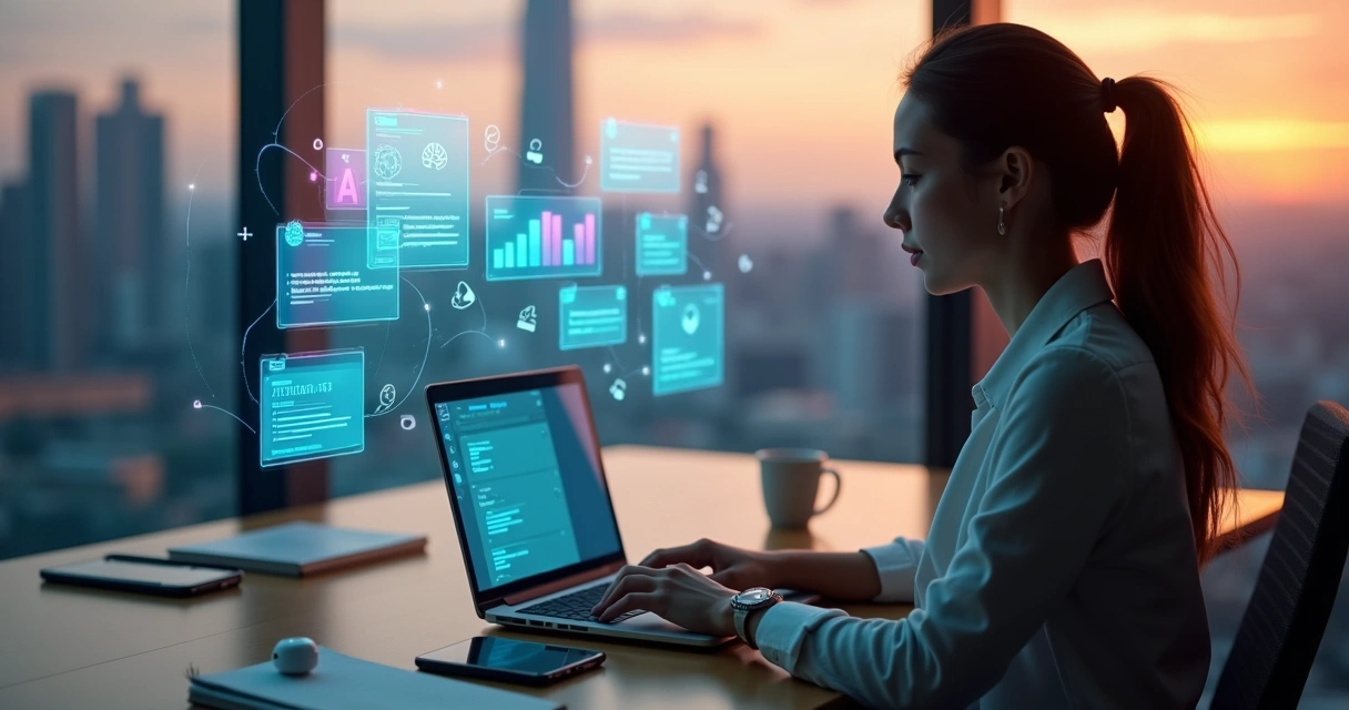 Profissional analisa painéis holográficos de marketing com IA em escritório moderno 