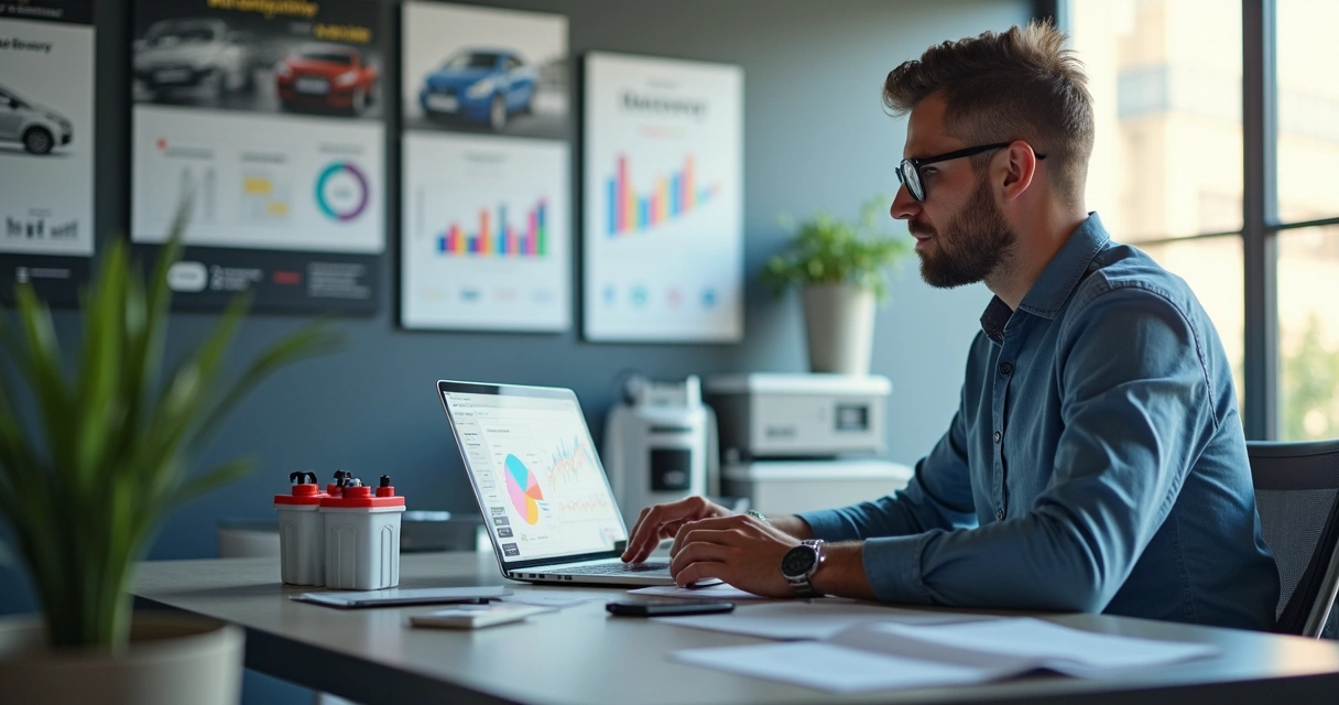 Consultor de marketing analisando dados de vendas de baterias automotivas em um notebook 