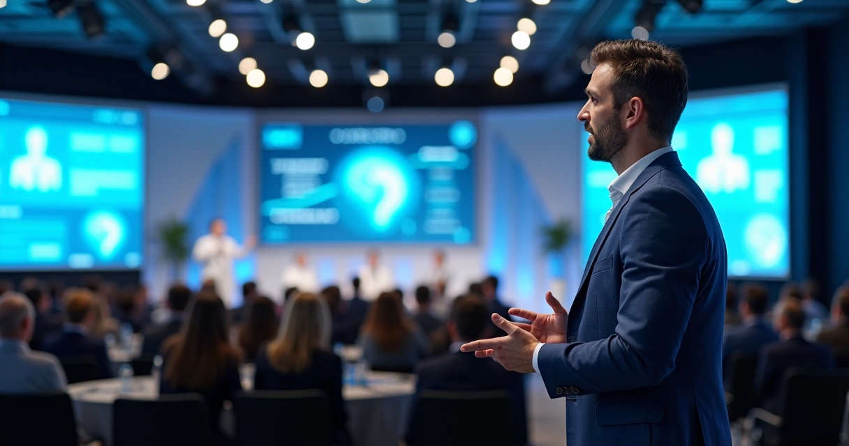 Especialista em marketing médico fazendo palestra sobre inteligência artificial em congresso de cardiologia 