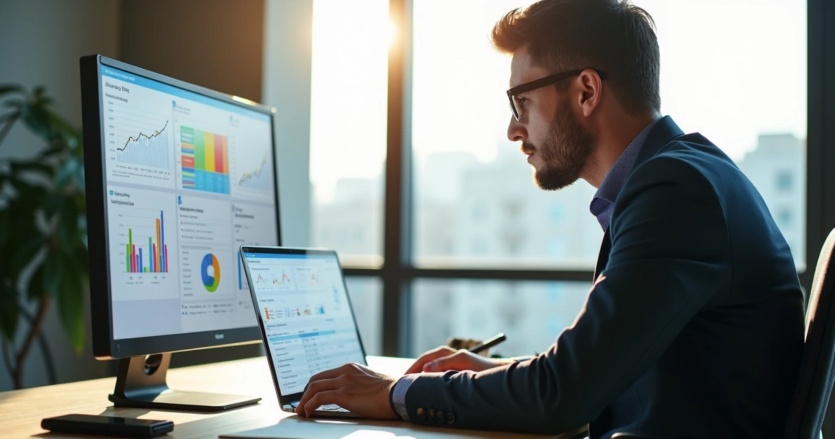Profissional analisa gráficos em notebook com dashboard de Power BI 