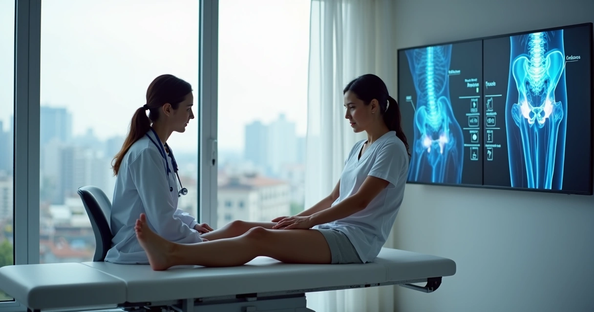 Ortopedista examinando quadril de paciente em consultório moderno 