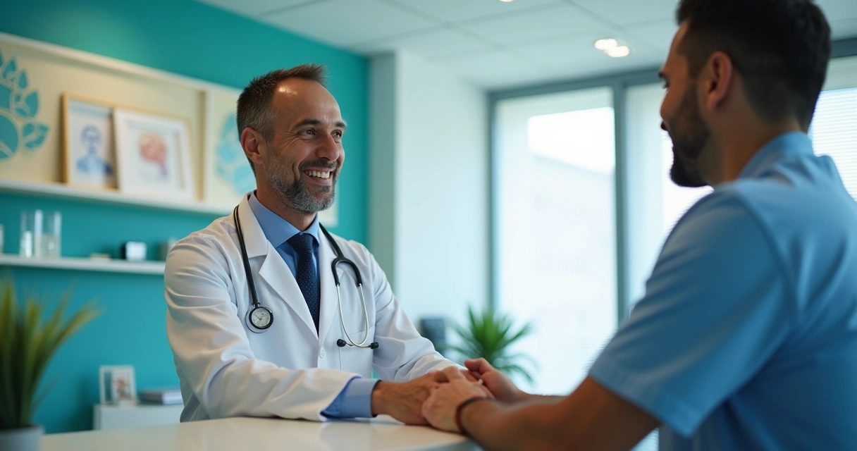 Especialista em urologia cumprimentando paciente em recepção moderna