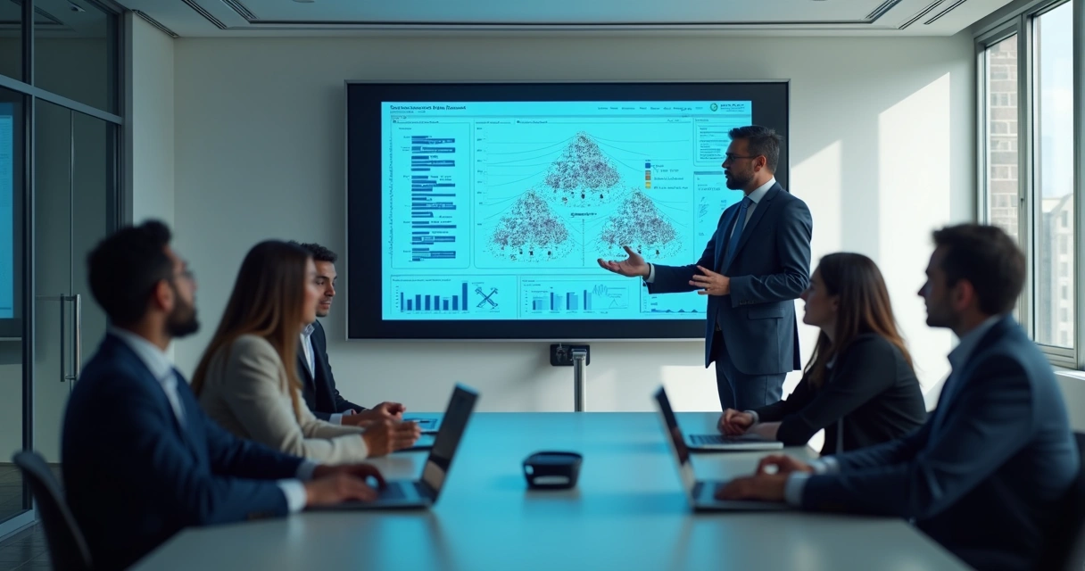 Especialista sênior apresentando solução técnica para equipe 