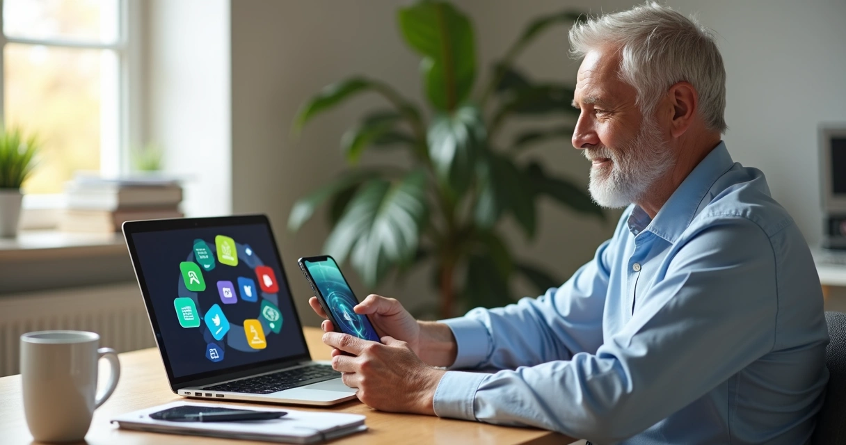 Profissional 50 mais usando notebook e smartphone com vários ícones de ferramentas digitais na tela 