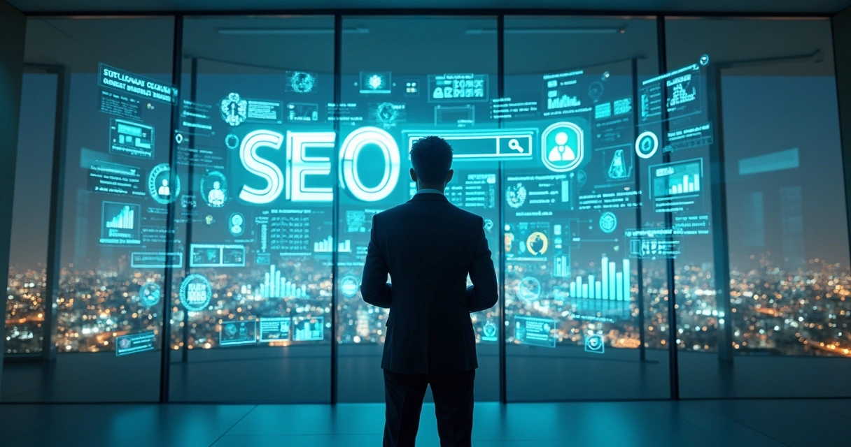 Profissional analisando painel digital cercado por representações de algoritmos e SEO 