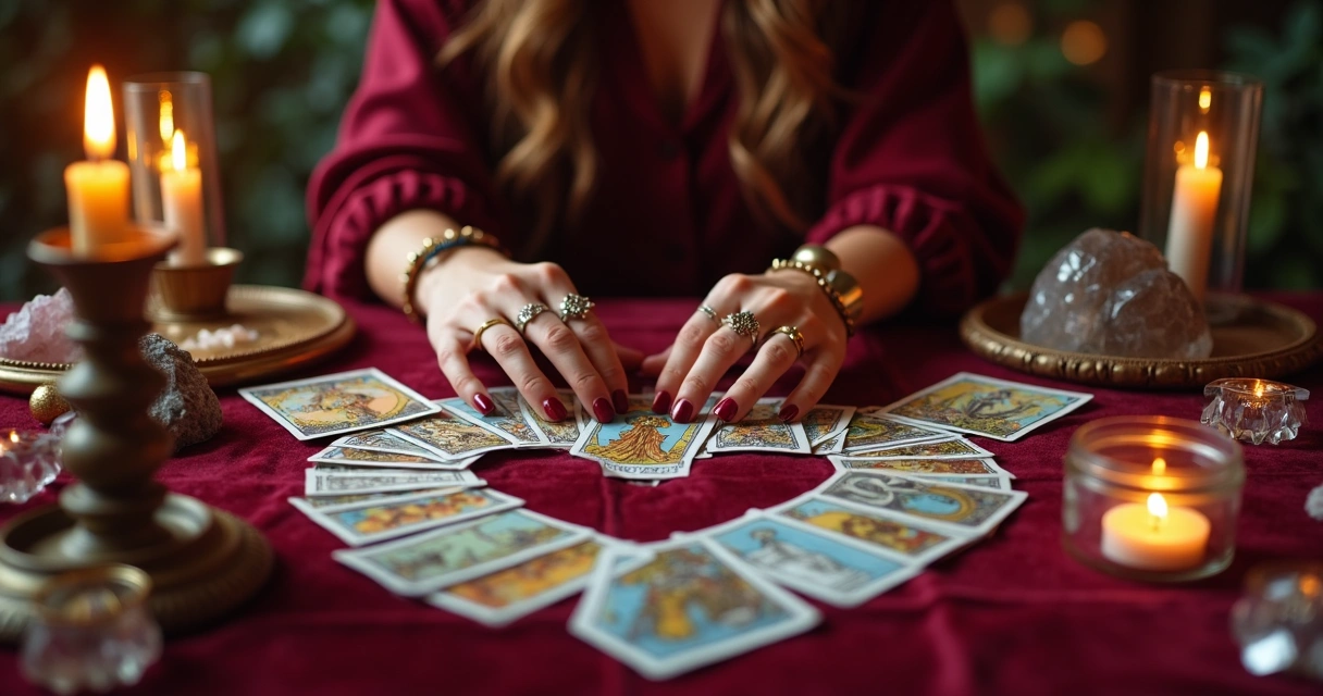 Consultora de tarot analisando cartas para uma consulta amorosa 