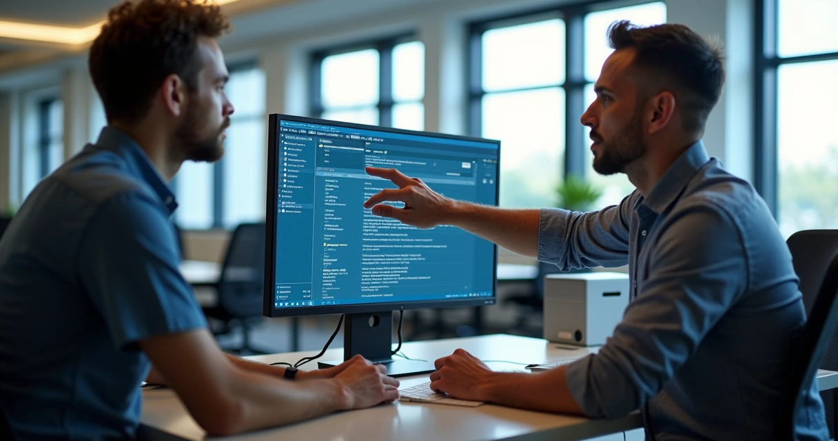 Especialista de TI explicando configurações no escritório para cliente 