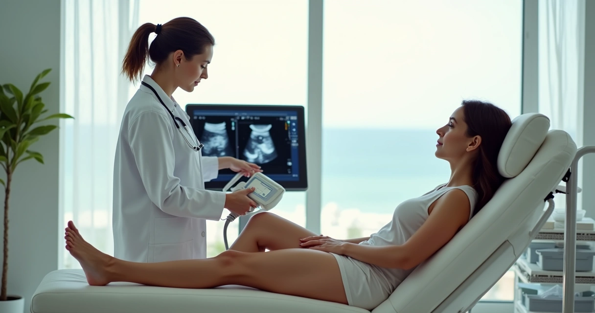 Médica vascular examinando pernas de paciente em consultório moderno 