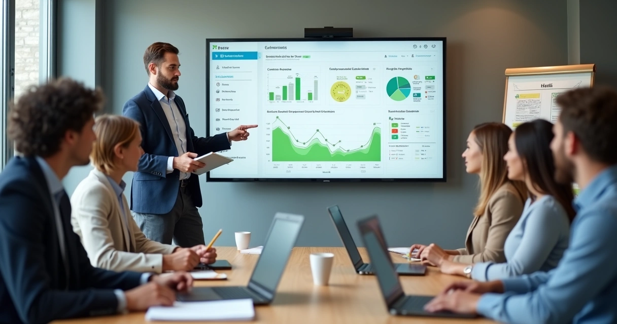 Especialista em vendas orientando equipe comercial em pequena empresa 