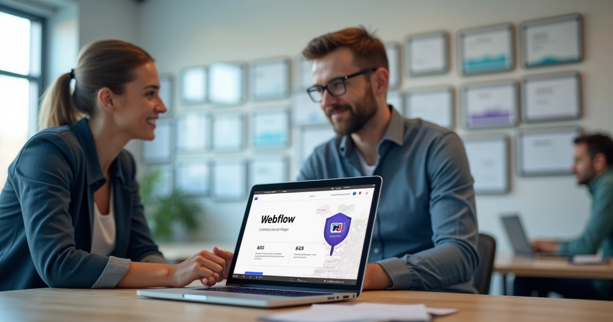 Profissional certificado em Webflow apresentando portfólio em reunião virtual