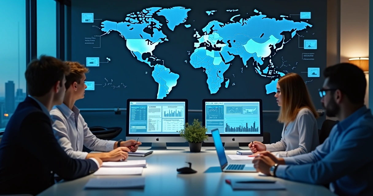 Equipe de especialistas analisando dados de pagamentos internacionais em computador. 