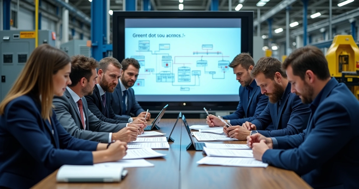 Especialistas discutindo análise de falhas em ambiente industrial