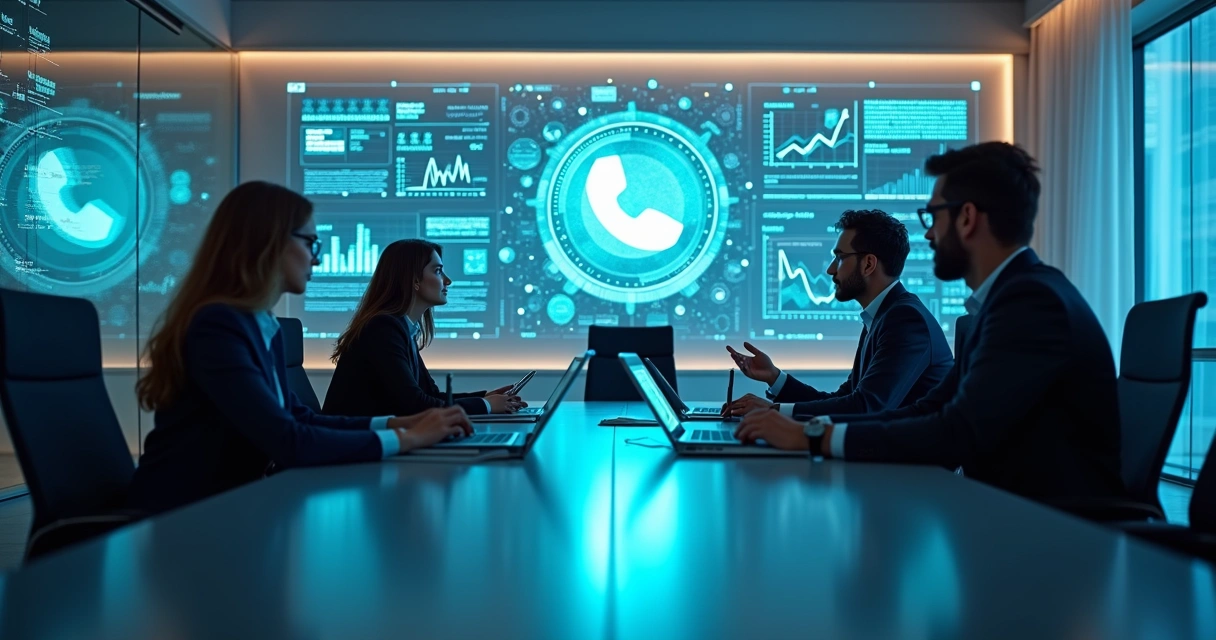 Equipe de especialistas discutindo estratégia com laptops e gráficos digitais exibidos em telas transparentes em uma sala de reunião moderna 