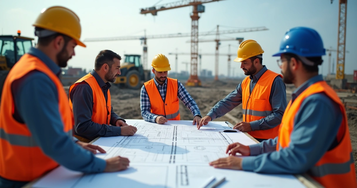 Especialistas discutindo projeto em mesa de obra 