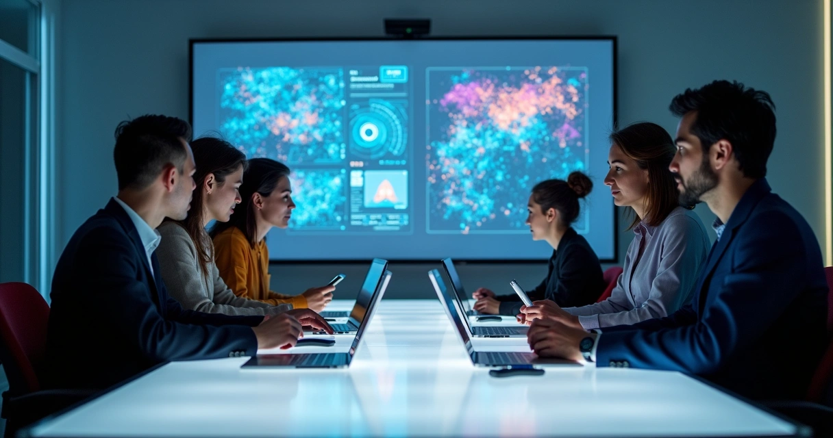 Profissionais de TI de diferentes áreas colaborando em mesa de trabalho.