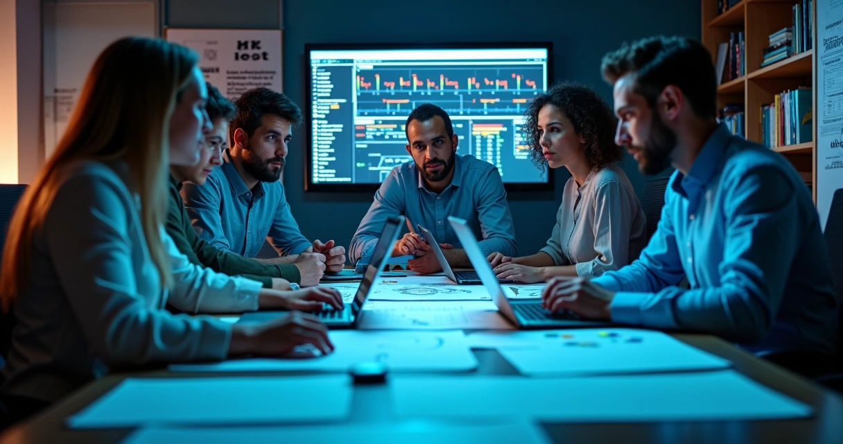 Profissionais de TI reunidos em uma mesa analisando computadores 