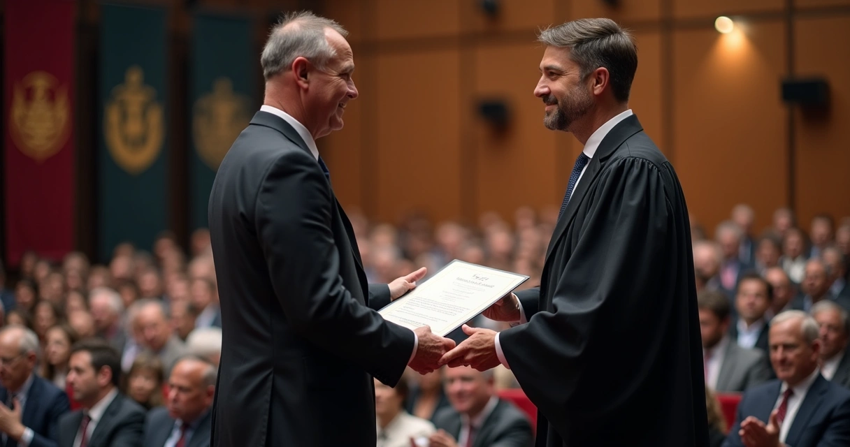Advogado recebendo certificado de especialização em cerimônia acadêmica