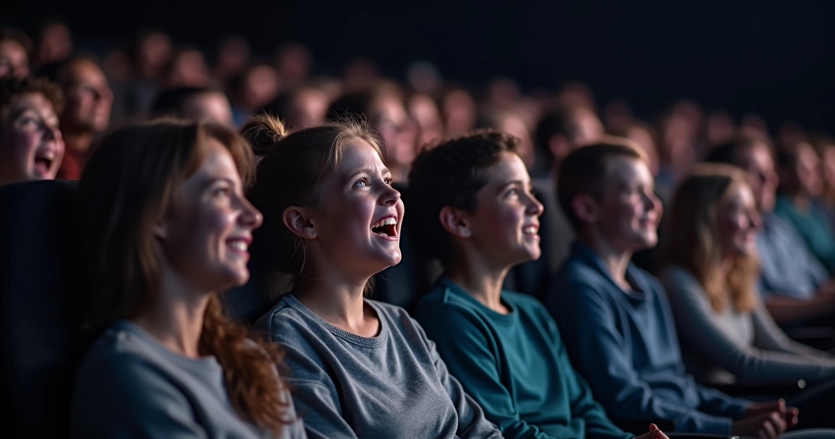 Pessoas assistindo a filme e reagindo emocionalmente no cinema