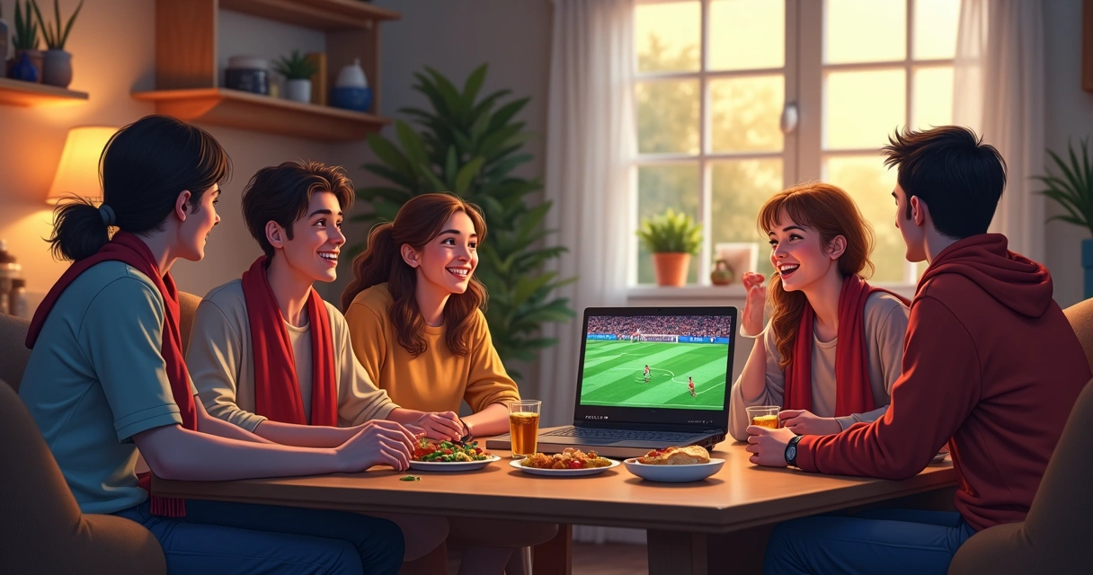 Jovens assistindo transmissão de futebol amador em notebook 